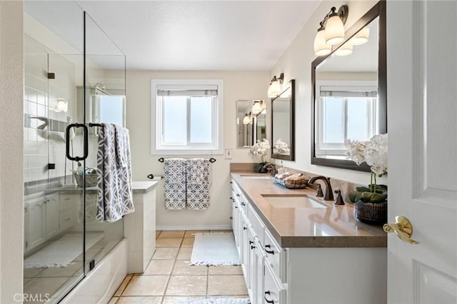 1909 Belmont Ln Unit B, Redondo Beach, CA 90278 - full bathroom with a shower with door, double vanity, tile patterned floors, and a bathtub