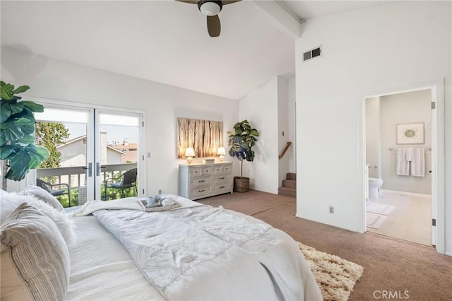 1909 Belmont Ln Unit B, Redondo Beach, CA 90278 - carpeted bedroom featuring beam ceiling, access to outside, ensuite bathroom, high vaulted ceiling, and a ceiling fan