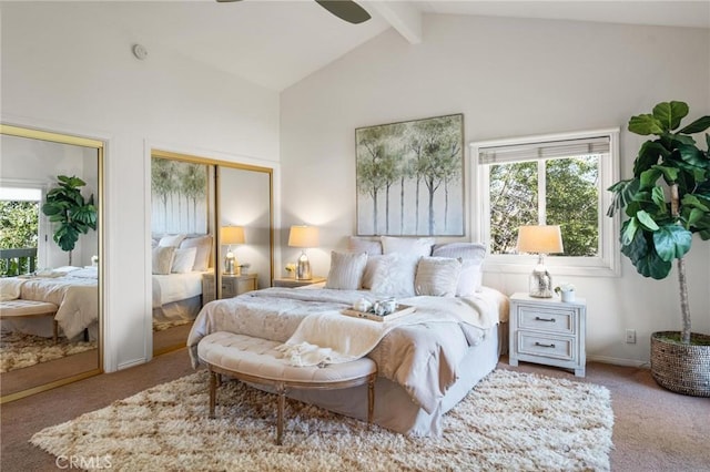 1909 Belmont Ln Unit B, Redondo Beach, CA 90278 - bedroom featuring two closets, carpet floors, beamed ceiling, high vaulted ceiling, and ceiling fan