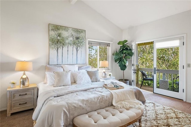 1909 Belmont Ln Unit B, Redondo Beach, CA 90278 - bedroom featuring carpet floors, access to exterior, multiple windows, and high vaulted ceiling