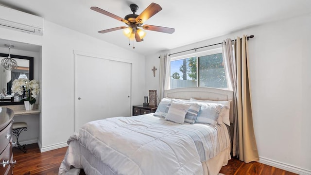 1420 E Ln, Imperial Beach, CA 91932 - bedroom with a wall mounted AC, a closet, wood finished floors, lofted ceiling, and ceiling fan