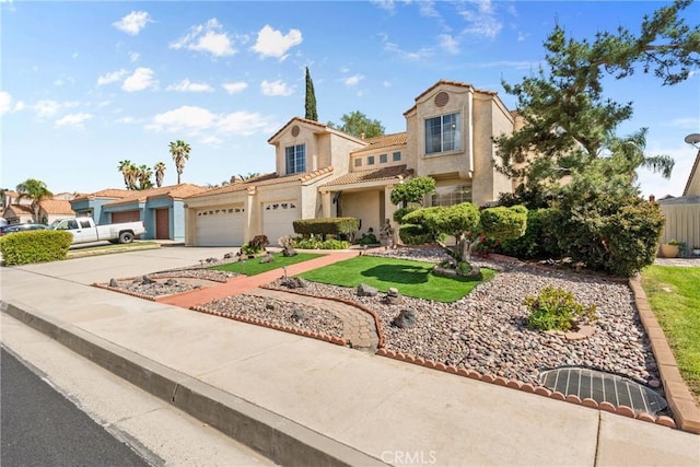 23633 Breezy Meadow Ct, Moreno Valley, CA 92557 - mediterranean / spanish-style home with concrete driveway, stucco siding, a tile roof, and an attached garage