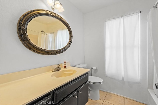23633 Breezy Meadow Ct, Moreno Valley, CA 92557 - bathroom featuring tile patterned flooring, a shower with curtain, vanity, toilet, and a tub to relax in