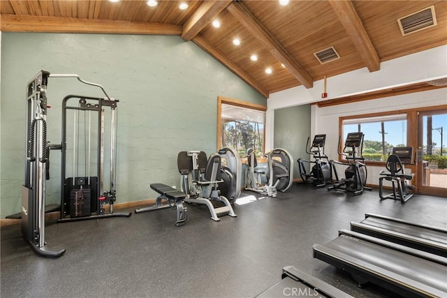23633 Breezy Meadow Ct, Moreno Valley, CA 92557 - workout area featuring wood ceiling, recessed lighting, a textured wall, and baseboards
