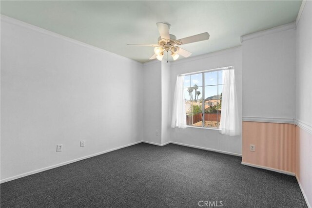 23633 Breezy Meadow Ct, Moreno Valley, CA 92557 - unfurnished room with ceiling fan, dark colored carpet, ornamental molding, and baseboards