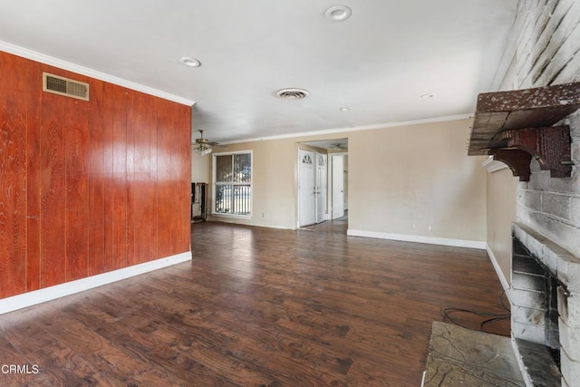 8731 Lucia Pl, Sun Valley, CA 91352 - unfurnished living room featuring a fireplace, ornamental molding, wood finished floors, ceiling fan, and baseboards