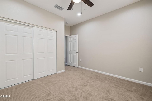 40719 E 171st St E, Lake Los Angeles, CA 93535 - unfurnished bedroom featuring light colored carpet, a closet, baseboards, a ceiling fan, and recessed lighting