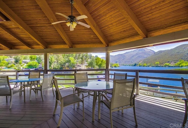 2444 Via Dieguenos, Alpine, CA 91901 - wooden deck with outdoor dining space, a ceiling fan, and a water and mountain view