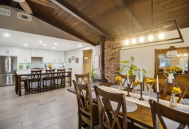 2444 Via Dieguenos, Alpine, CA 91901 - dining area featuring wooden ceiling, beam ceiling, high vaulted ceiling, and a ceiling fan