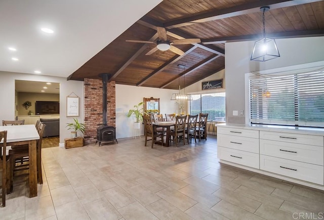 2444 Via Dieguenos, Alpine, CA 91901 - dining area with wooden ceiling, a wood stove, a ceiling fan, and recessed lighting