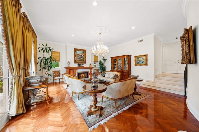 1502 Paseo La Cresta, Palos Verdes Estates, CA 90274 - living area featuring baseboards, a chandelier, ornamental molding, recessed lighting, and a lit fireplace