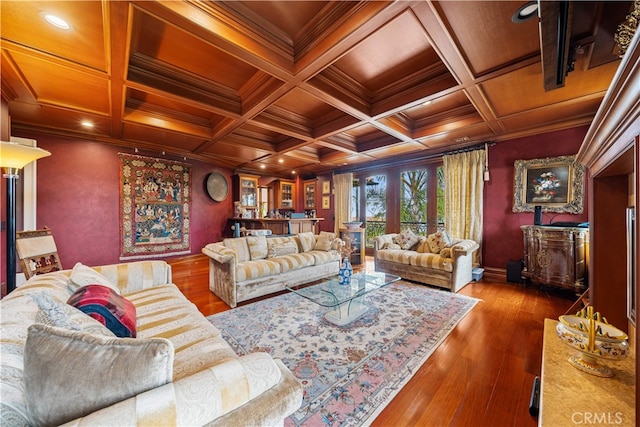 1502 Paseo La Cresta, Palos Verdes Estates, CA 90274 - living room with ornamental molding, wooden ceiling with exposed beams, recessed lighting, wood finished floors, and coffered ceiling