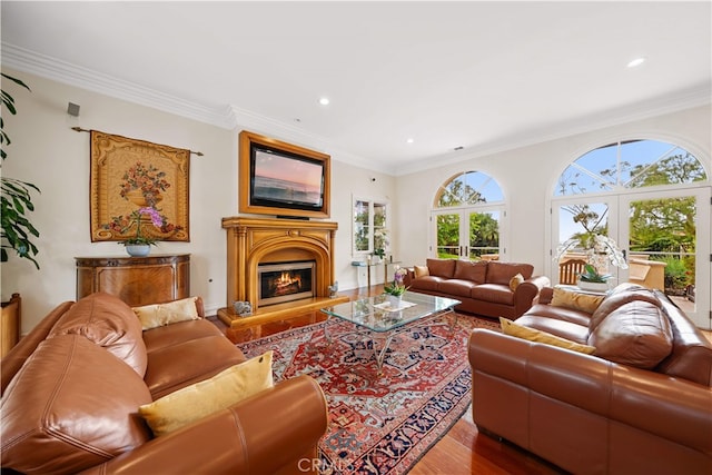 1502 Paseo La Cresta, Palos Verdes Estates, CA 90274 - living room featuring wood finished floors, recessed lighting, ornamental molding, and a warm lit fireplace