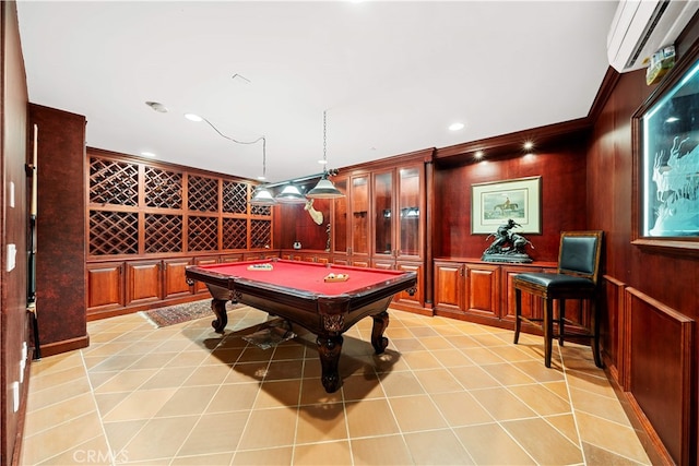 1502 Paseo La Cresta, Palos Verdes Estates, CA 90274 - rec room featuring an AC wall unit, crown molding, pool table, wood walls, and a decorative wall