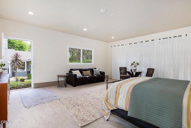 bedroom with carpet, multiple windows, recessed lighting, and baseboards