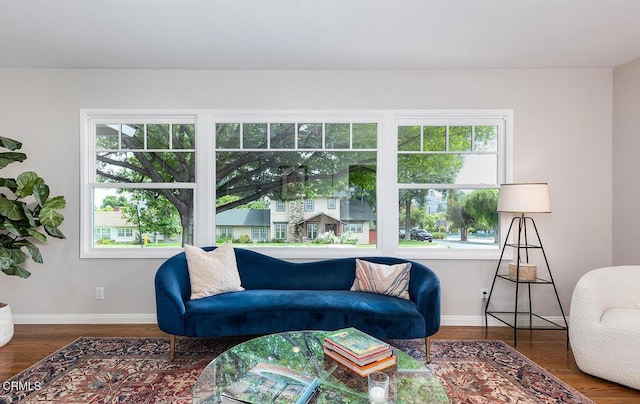 living room featuring wood finished floors and baseboards