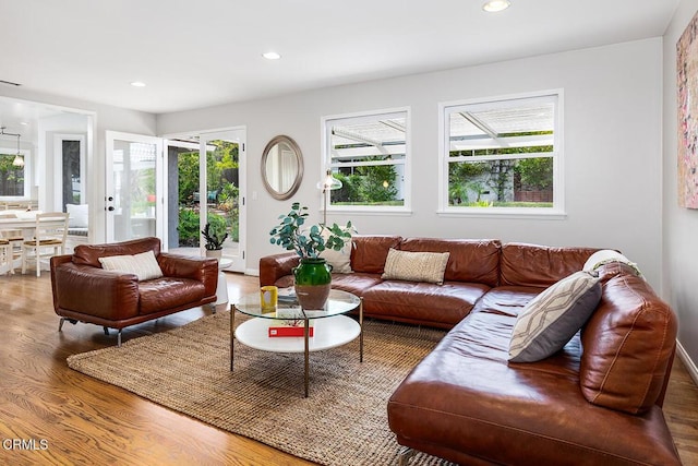 living room featuring wood finished floors, plenty of natural light, and recessed lighting