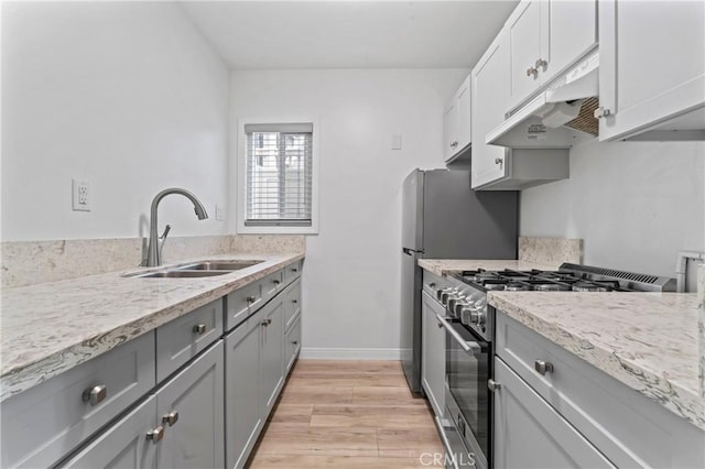 5331 E Ocean Blvd, Long Beach, CA 90803 - kitchen with high end range, a sink, under cabinet range hood, gray cabinets, and light wood-style floors