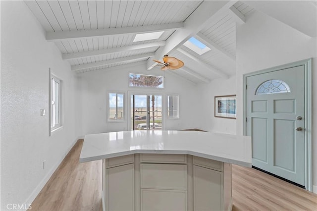 5331 E Ocean Blvd, Long Beach, CA 90803 - kitchen featuring a skylight, light wood-type flooring, wood ceiling, and a kitchen island