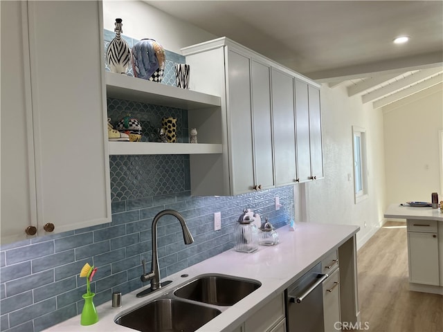 5331 E Ocean Blvd, Long Beach, CA 90803 - kitchen featuring a sink, dishwasher, beam ceiling, light wood-style flooring, and decorative backsplash