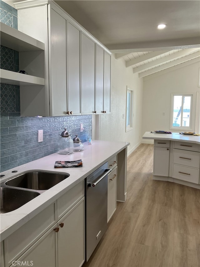 5331 E Ocean Blvd, Long Beach, CA 90803 - kitchen with dishwasher, decorative backsplash, light wood-style floors, open shelves, and recessed lighting