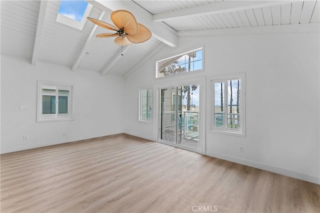 5331 E Ocean Blvd, Long Beach, CA 90803 - unfurnished room with a skylight, light wood-style flooring, a ceiling fan, high vaulted ceiling, and a wooden ceiling with exposed beams