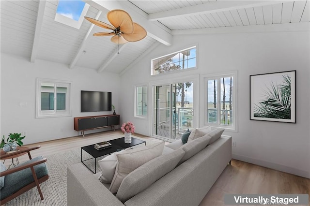 5331 E Ocean Blvd, Long Beach, CA 90803 - living room with beam ceiling, wood finished floors, a skylight, a ceiling fan, and high vaulted ceiling
