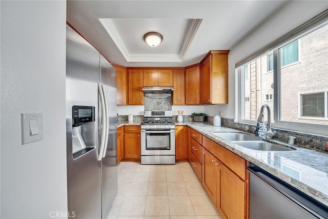 109 N Nicholson Ave Unit A, Monterey Park, CA 91755 - kitchen featuring stainless steel appliances, under cabinet range hood, a sink, brown cabinets, and a raised ceiling