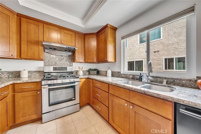 109 N Nicholson Ave Unit A, Monterey Park, CA 91755 - kitchen featuring stainless steel appliances, under cabinet range hood, a sink, crown molding, and brown cabinets