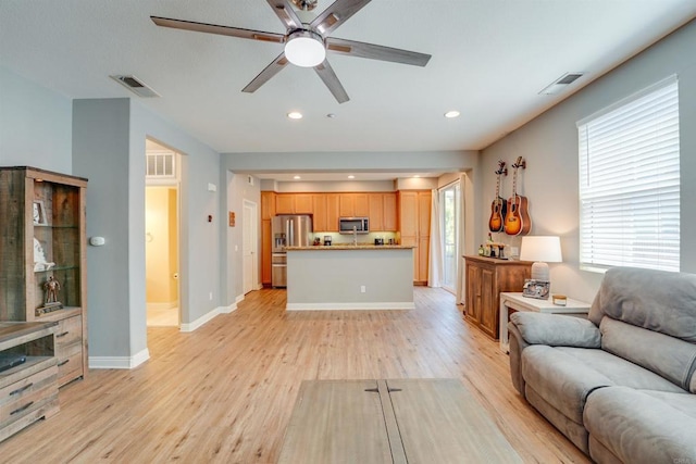 178 Via Montisi, Santee, CA 92071 - living room featuring a ceiling fan, light wood-style flooring, baseboards, and recessed lighting