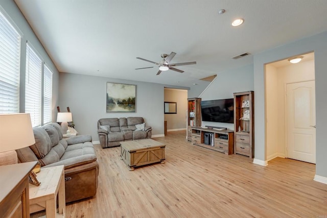 178 Via Montisi, Santee, CA 92071 - living room with light wood finished floors, ceiling fan, baseboards, recessed lighting, and lofted ceiling