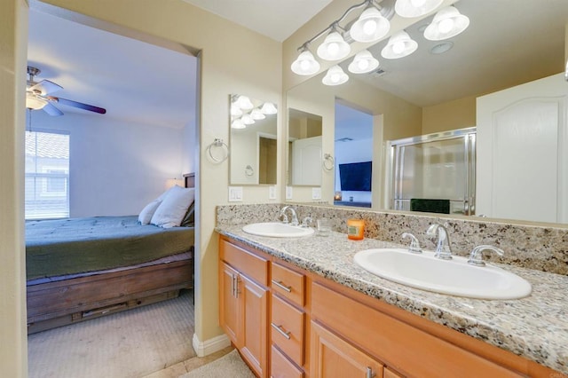 178 Via Montisi, Santee, CA 92071 - ensuite bathroom featuring double vanity, a shower stall, and ceiling fan