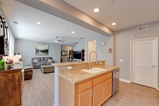 178 Via Montisi, Santee, CA 92071 - kitchen featuring a sink, dishwasher, light wood-type flooring, light stone countertops, and a ceiling fan