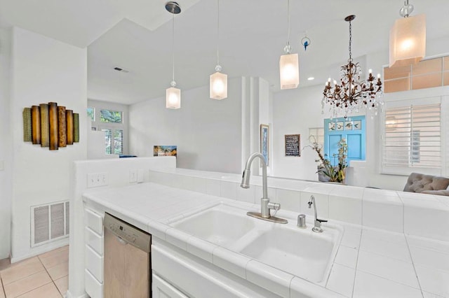 16054 Circa De Lindo, Rancho Santa Fe, CA 92091 - kitchen with open floor plan, dishwasher, tile countertops, a sink, and light tile patterned floors