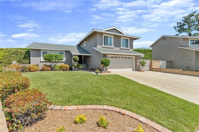 traditional home with stucco siding, an attached garage, and concrete driveway