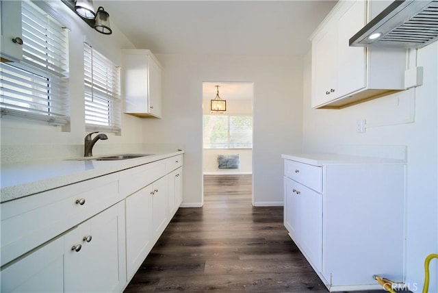 214 E Marshall Blvd, San Bernardino, CA 92404 - kitchen with extractor fan, light countertops, dark wood finished floors, and white cabinets