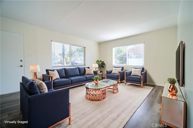 214 E Marshall Blvd, San Bernardino, CA 92404 - living room featuring dark wood finished floors and crown molding