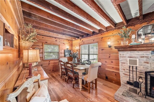 795 Glen View Ln, Twin Peaks, CA 92391 - dining area with wood walls, wood finished floors, beamed ceiling, and a stone fireplace