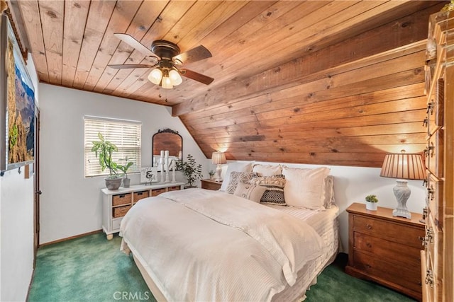 795 Glen View Ln, Twin Peaks, CA 92391 - carpeted bedroom featuring wood ceiling, baseboards, vaulted ceiling, and a ceiling fan