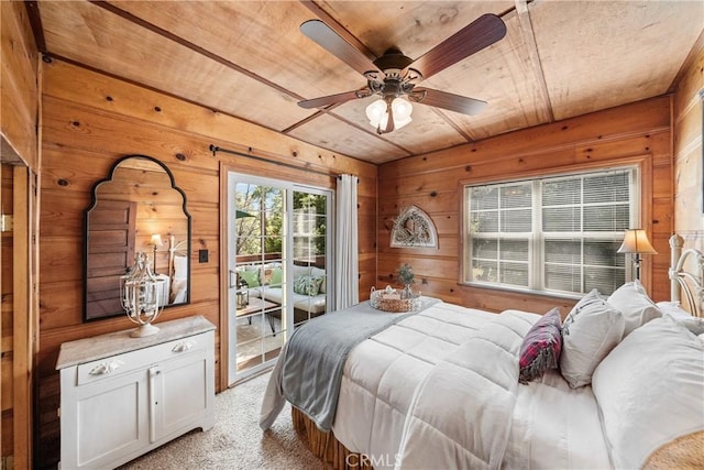 795 Glen View Ln, Twin Peaks, CA 92391 - bedroom featuring wood ceiling, wood walls, access to exterior, light carpet, and ceiling fan