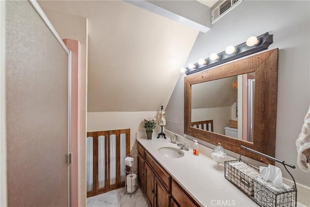 795 Glen View Ln, Twin Peaks, CA 92391 - bathroom with lofted ceiling, marble look tile flooring, and vanity