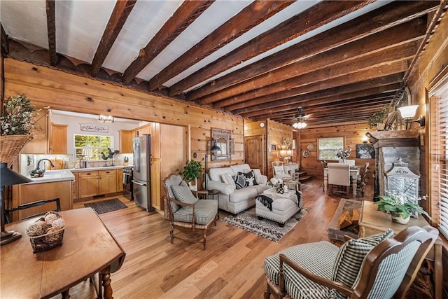 795 Glen View Ln, Twin Peaks, CA 92391 - living area featuring wood walls, beamed ceiling, light wood finished floors, plenty of natural light, and a ceiling fan