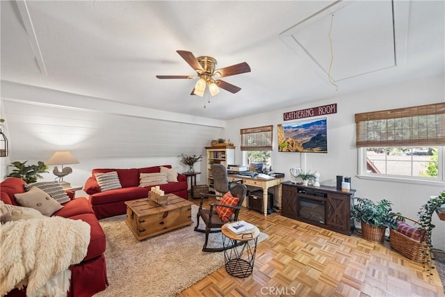 795 Glen View Ln, Twin Peaks, CA 92391 - living room featuring a ceiling fan and attic access