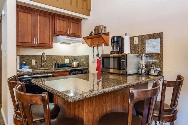 7540 Henness Cir Unit B206, Yosemite, CA 95389 - kitchen with under cabinet range hood, stainless steel microwave, black / electric stove, a sink, and backsplash