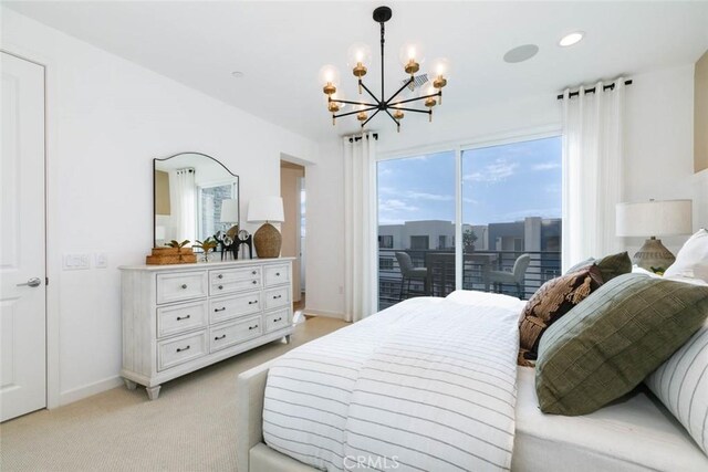 73 Culture, Irvine, CA 92618 - bedroom with a chandelier, access to exterior, light carpet, baseboards, and recessed lighting