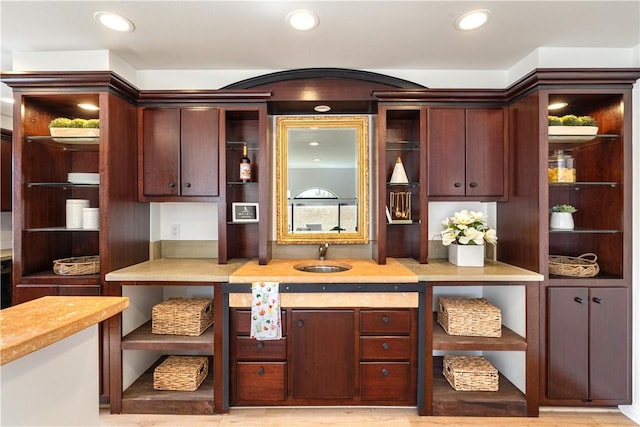 4286 W 182nd St Unit A, Torrance, CA 90504 - kitchen featuring open shelves, a sink, light countertops, recessed lighting, and light wood finished floors