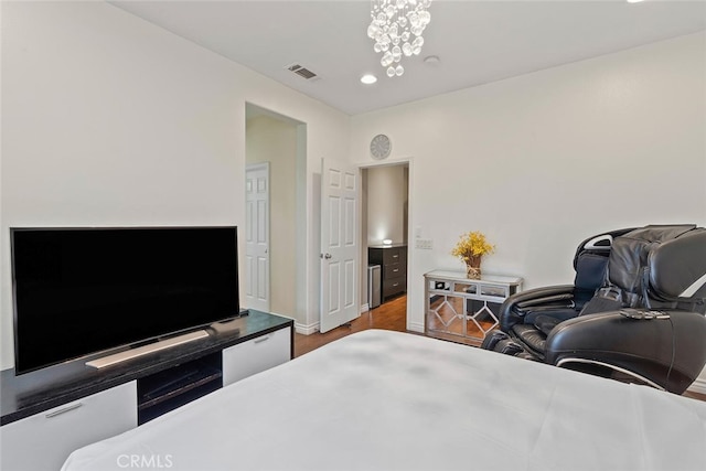15561 Jasmine Pl, Tustin, CA 92782 - bedroom with wood finished floors, a chandelier, recessed lighting, and baseboards