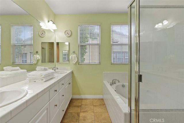 15561 Jasmine Pl, Tustin, CA 92782 - full bathroom with double vanity, a bath, baseboards, a stall shower, and tile patterned floors