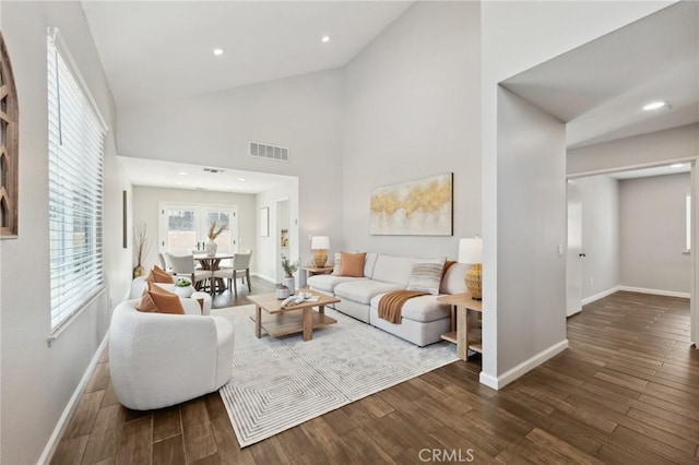 1530 N Grove St, Redlands, CA 92374 - living area featuring baseboards, dark wood-style flooring, high vaulted ceiling, and recessed lighting