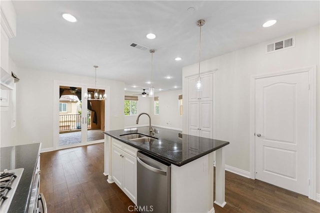 20304 Estuary Ln, Newport Beach, CA 92660 - kitchen with a sink, appliances with stainless steel finishes, dark wood-style floors, white cabinetry, and a kitchen island with sink